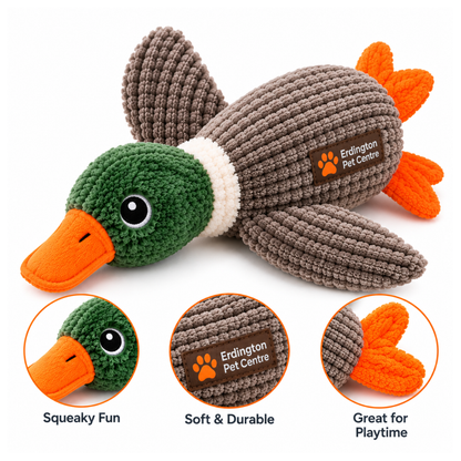 Erdington Pet Centre Plush Duck Squeaky Dog Toy – Green & Orange